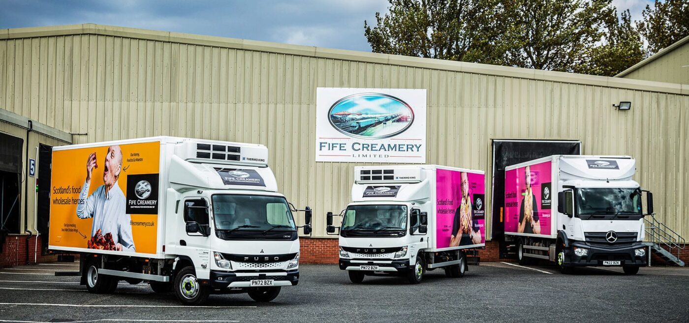 The first vehicles to wear the eye-catching new liveries of leading food wholesaler Fife Creamery are also among the first from the latest FUSO Canter range to enter service in Scotland.